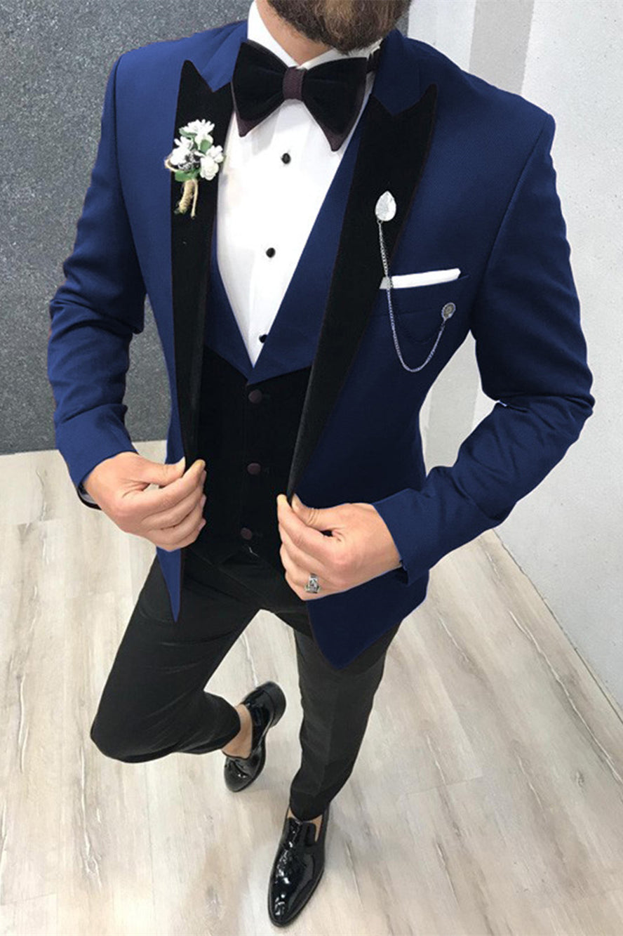 3 Piece Black-and-blue Peak Lapel Wedding Suits Tuxedos with