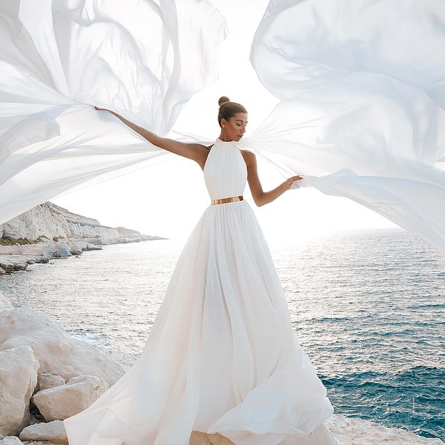 A Line White Chiffon High Neck Sleeveless Beach Wedding Dress – Ballbella