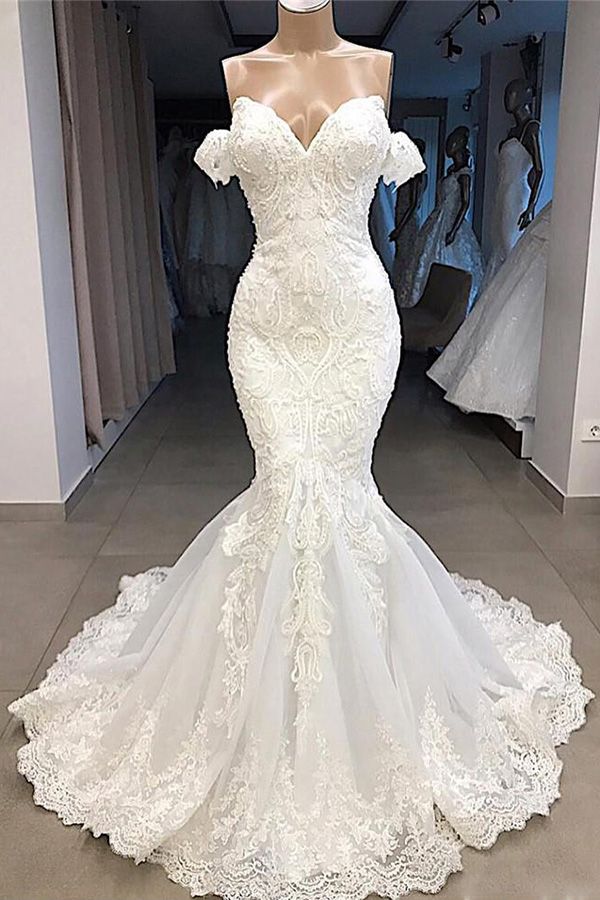 Amazing Sweetheart Mermaid White Wedding Dress Off the shoulder Lace Bridal  Gowns Online – Ballbella