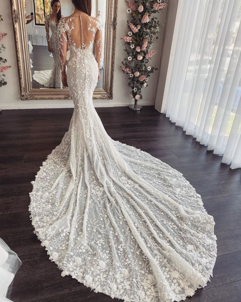 AmazingLong Train Lace Open back Mermaid White Wedding Dresses