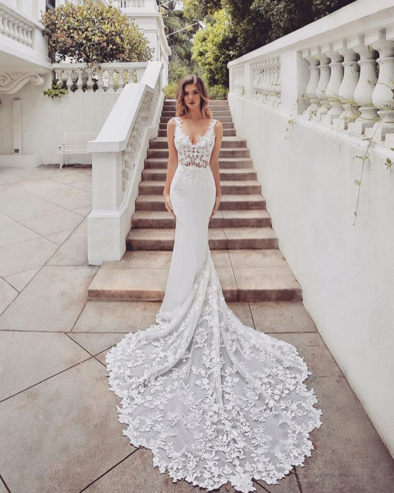 AmazingLong Train Lace Open back Mermaid White Wedding Dresses – Ballbella