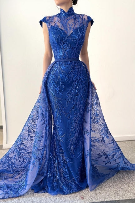 Royal Blue Long Velvet Beading Sleeveless Mermaid Prom Dresses