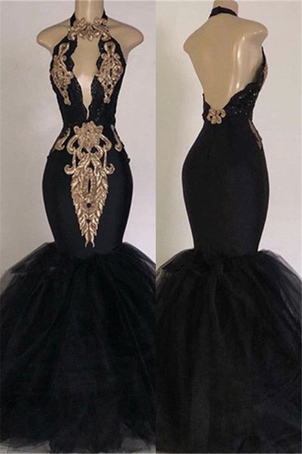 Black and Gold Halter Prom Dress