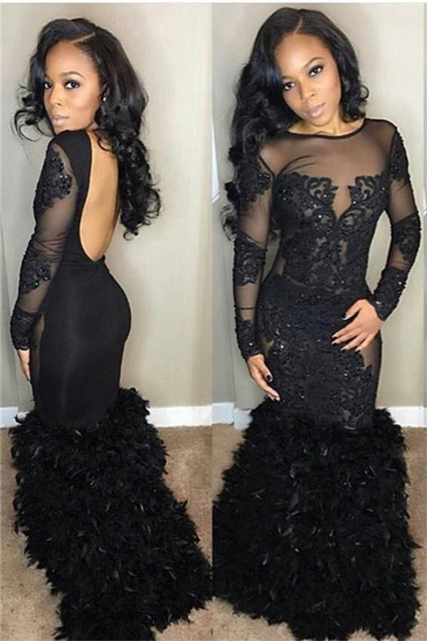 Chic Black Mermaid Prom Party Gowns Long Sleeves Lace Evening Gowns –  Ballbella