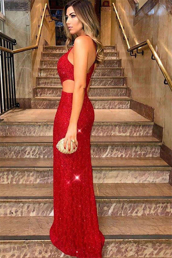 Chic Red One-Shoulder Sleevesless Side-Slit Sequins Prom Party