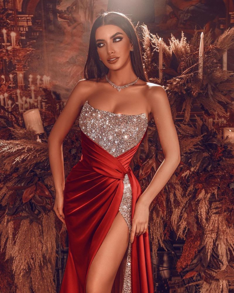Chic Strapless Glitter Sequins Evening Gown with Side Slit – Ballbella