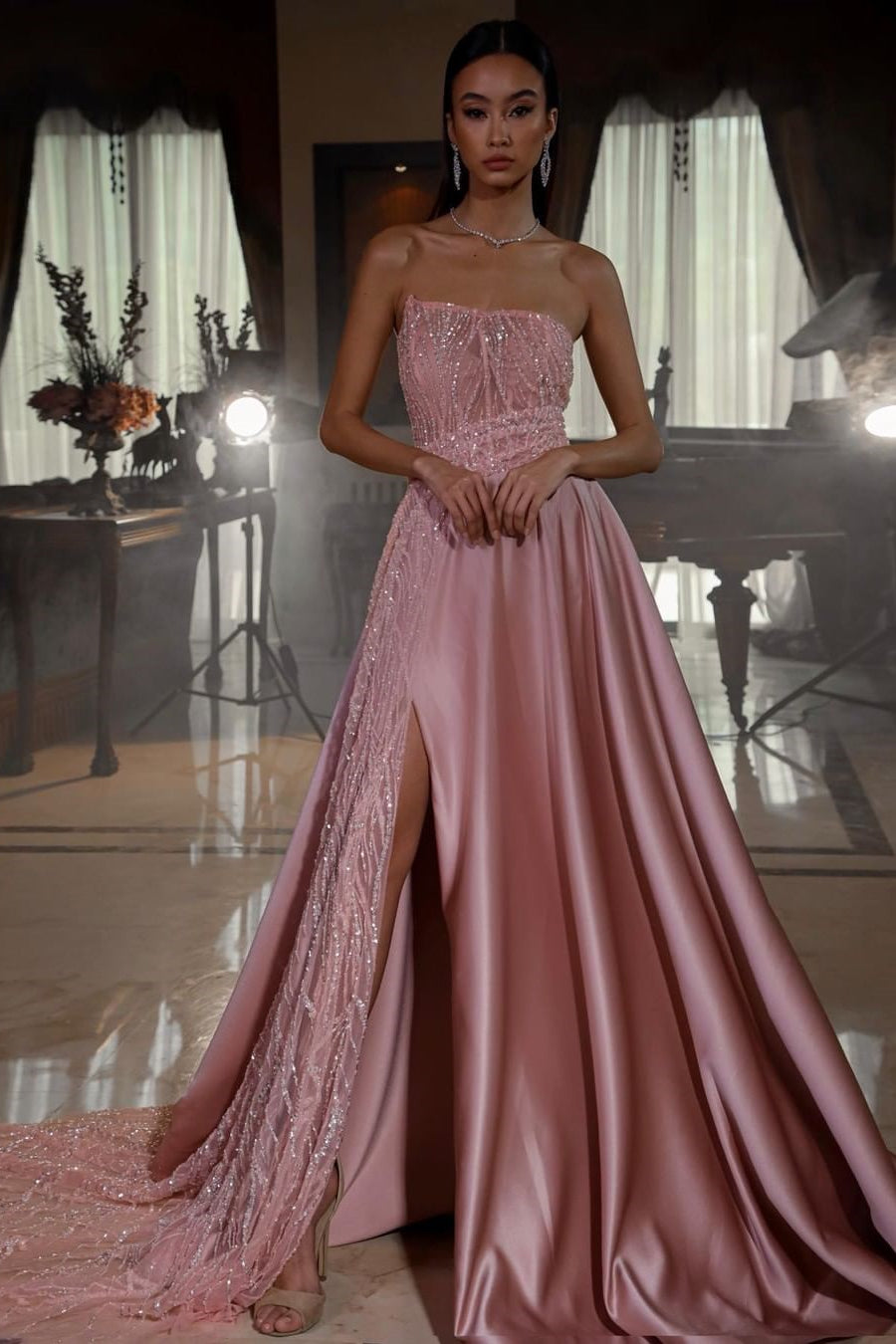 Dusty Pink Strapless Sequins Evening Dress Long Slit On Sale – Ballbella