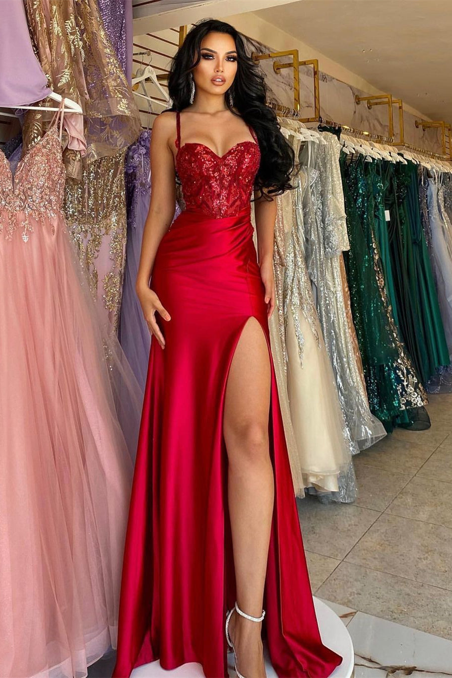 Elegant Long Red Spaghetti Straps Sequins Lace Sleeveless Prom Dresses Ballbella