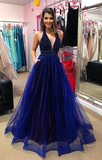 Elegant V-Neck Evening Dress Prom Party Gowns with Beadings