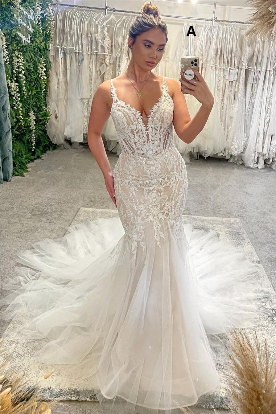 Elegant V-Neck Spaghetti Straps Sleeveless Mermaid Wedding Dress – Ballbella