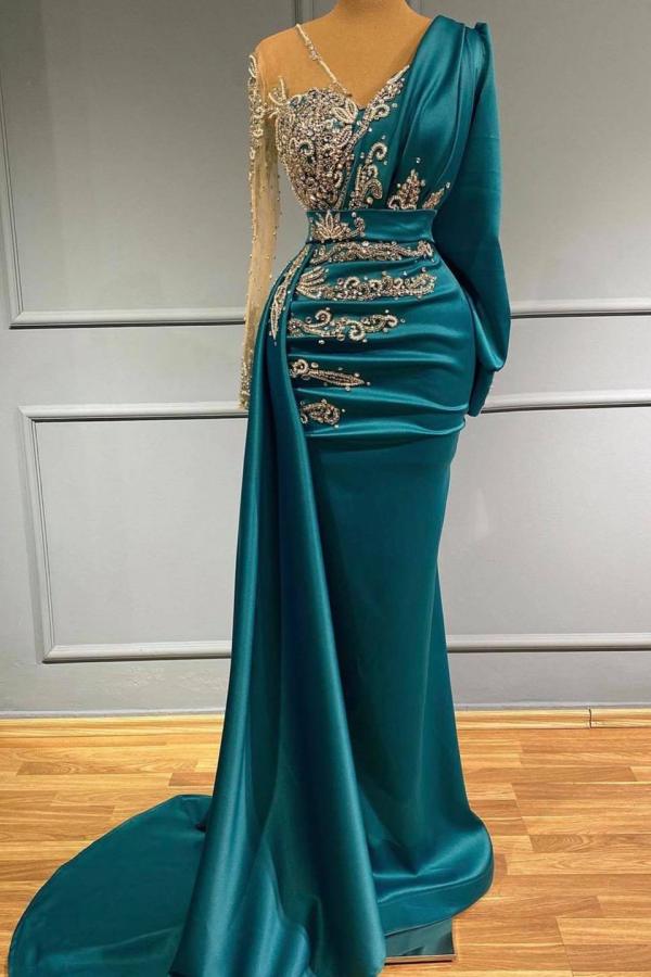 Dark Green Velvet Mermaid Evening Dress with Gold Lace appliques – Ballbella