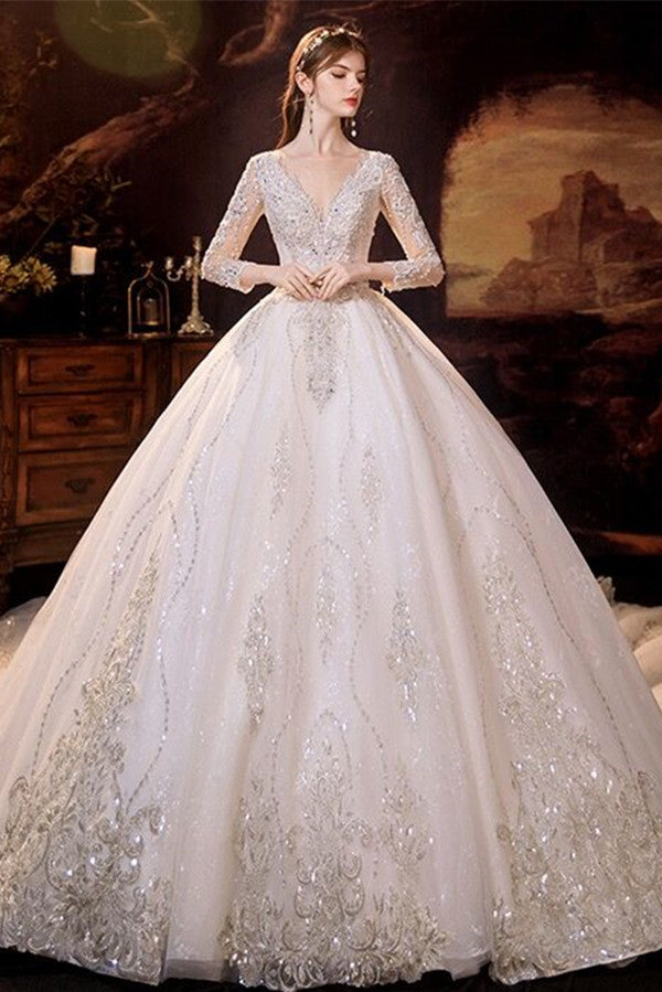 Glamorous Long Sleeves V-Neck Ball Gown Wedding Dress With Sequins