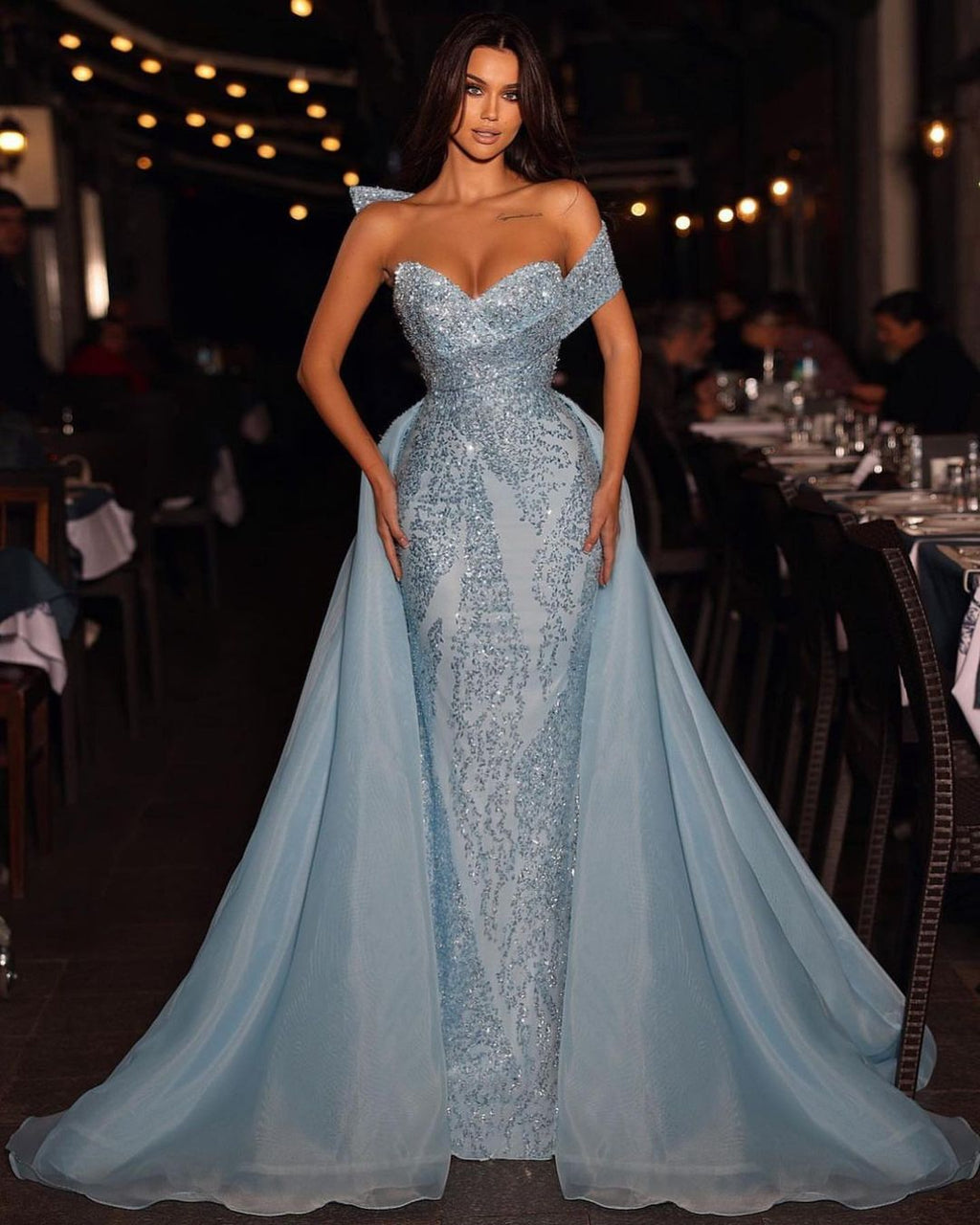 Gorgeous Long Blue A-line Off-the-shoulder Sleeveless Sequined Prom Dr –  Ballbella