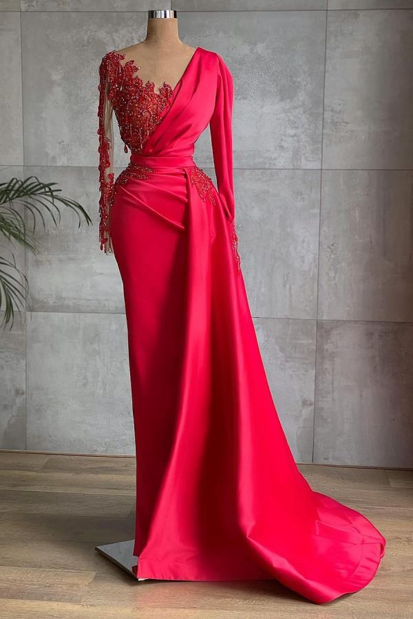 Gorgeous Red Long Sleeve Mermaid Evening Dress Lace Appliques Prom