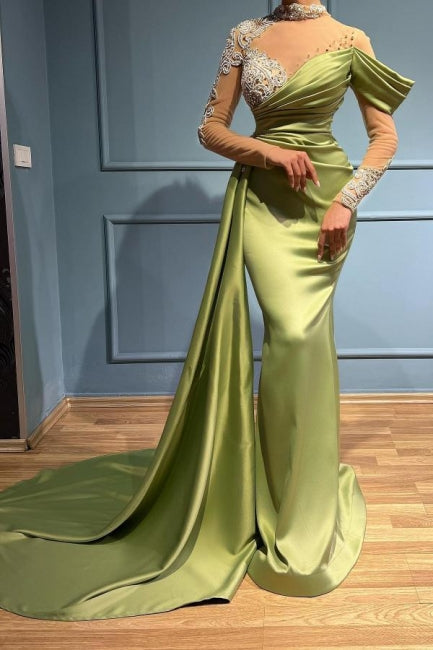 Gorgeous Sage Green High Neck Prom Dress Mermaid Long Sleeves – Ballbella