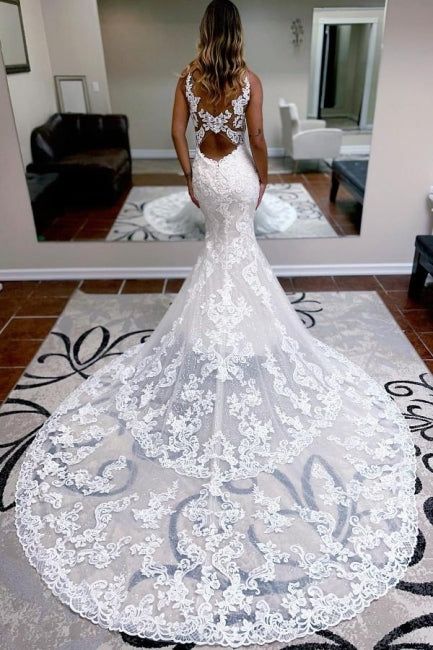 Long Spaghetti Straps Mermaid White Wedding Dress with Beads – FancyVestido