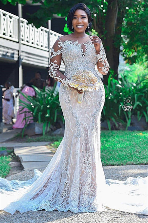 Lace Appliques Mermaid Wedding Dress Long Sleeves Plus Size Bridal Dresses  – Ballbella