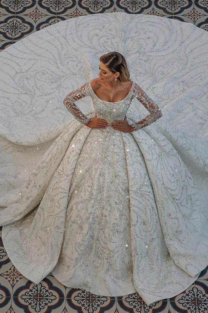 Luxurious Princess Ball Gown Long Sleevess Sparkly sequins Bridal Gowns  with Sweep Train – Ballbella