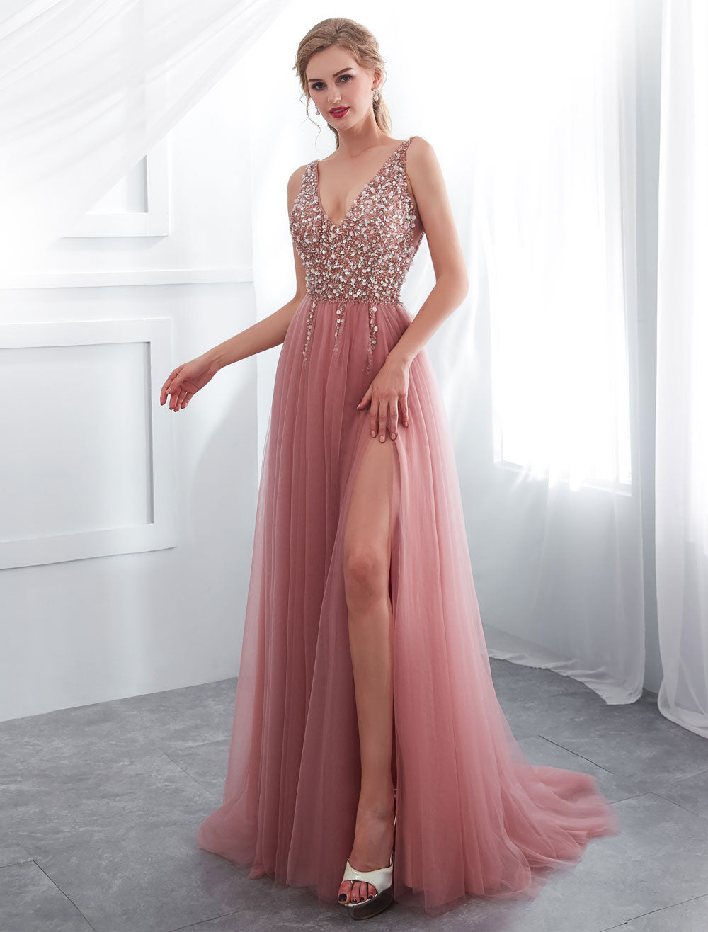 Modern Evening Dresses Cameo Pinkv Neck Beading A Line Formal Evening –  Ballbella