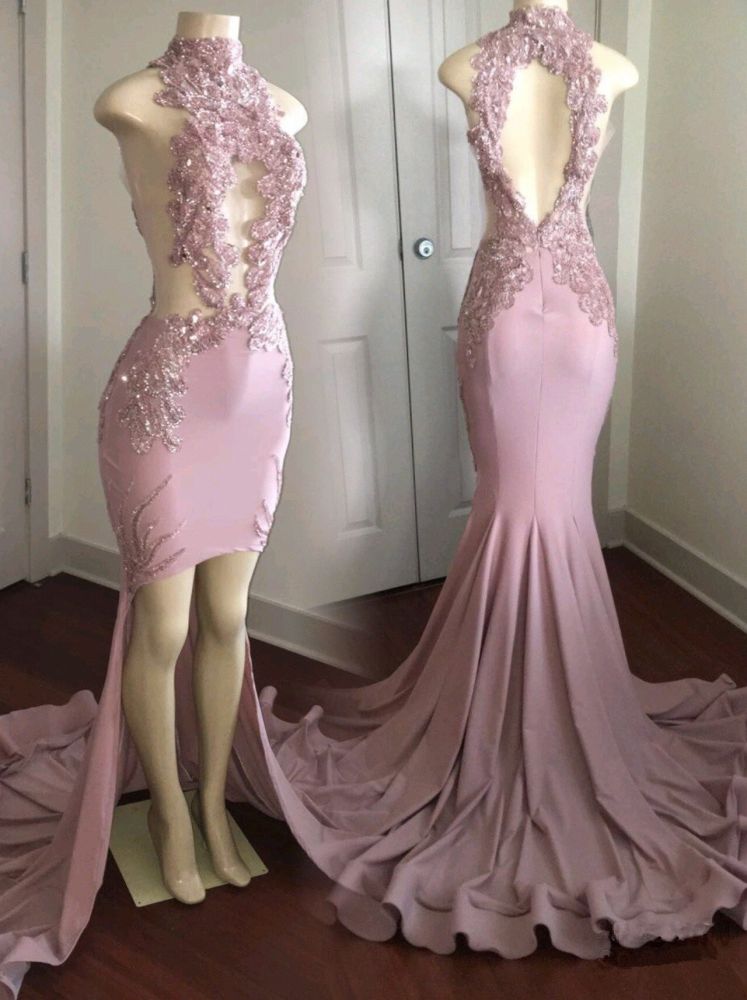 Graceful High-Neck Lace Appliques Prom Dresses With Split See