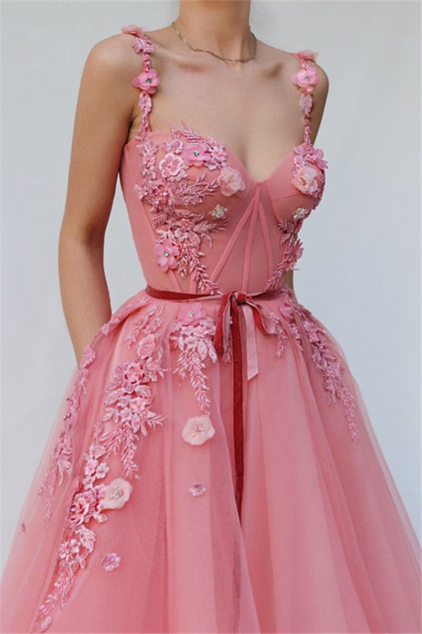 Pink Flowers Chic V-neck Alluring Prom Dresses Sheer Tulle Appliques F –  Ballbella