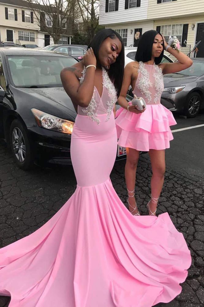 Pink halter neck fashion prom dress