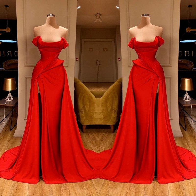 Sexy Red One Shoulder Slit Prom Dress Long With Sequins Beadings – Ballbella