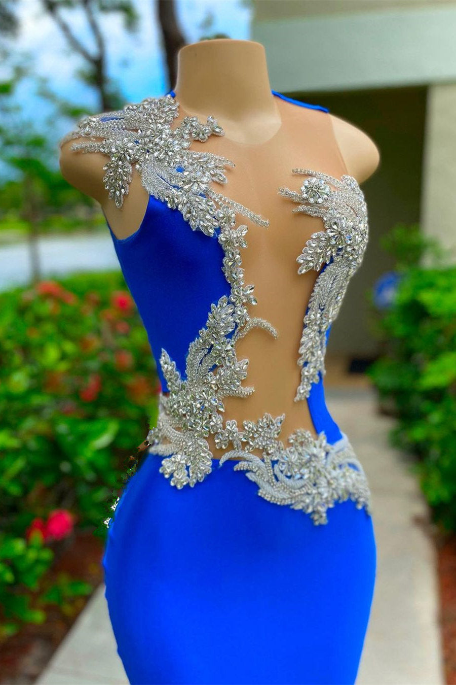 Bmbridal Royal Blue Mermaid Prom Dress Gold Appliques V-Neck