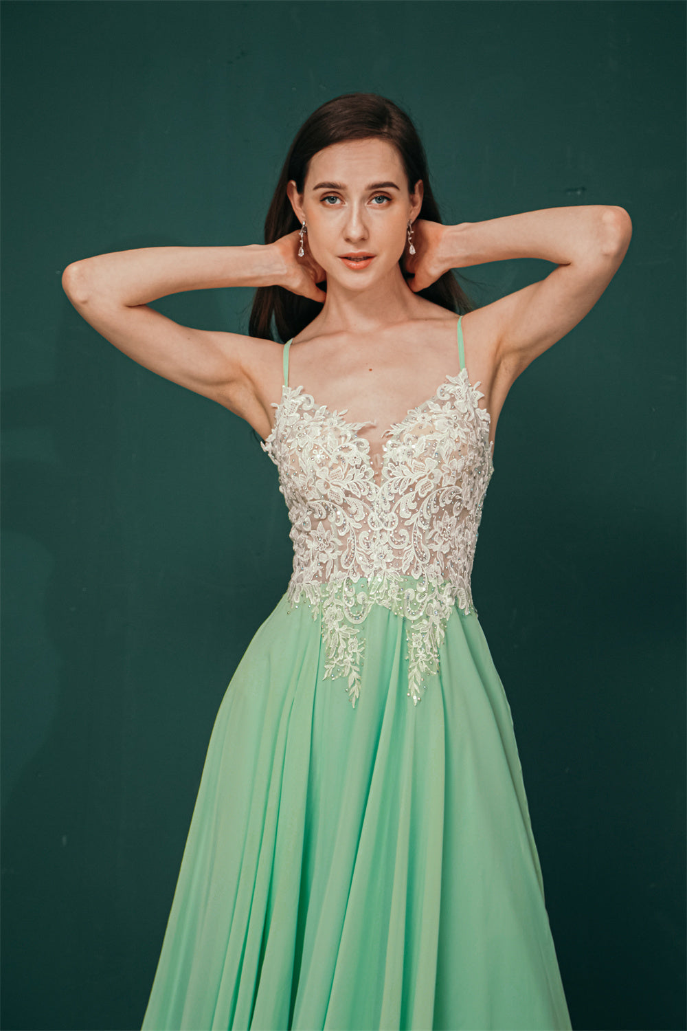 White Lace SPAGHETTI STRAPS High Split Mint green Evening Dress – Ballbella