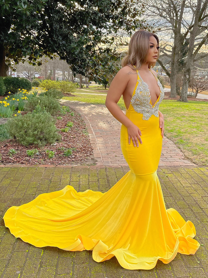 Yellow Appliques Lace V-Neck Spaghetti Straps Long Mermaid Prom Dress –  Ballbella