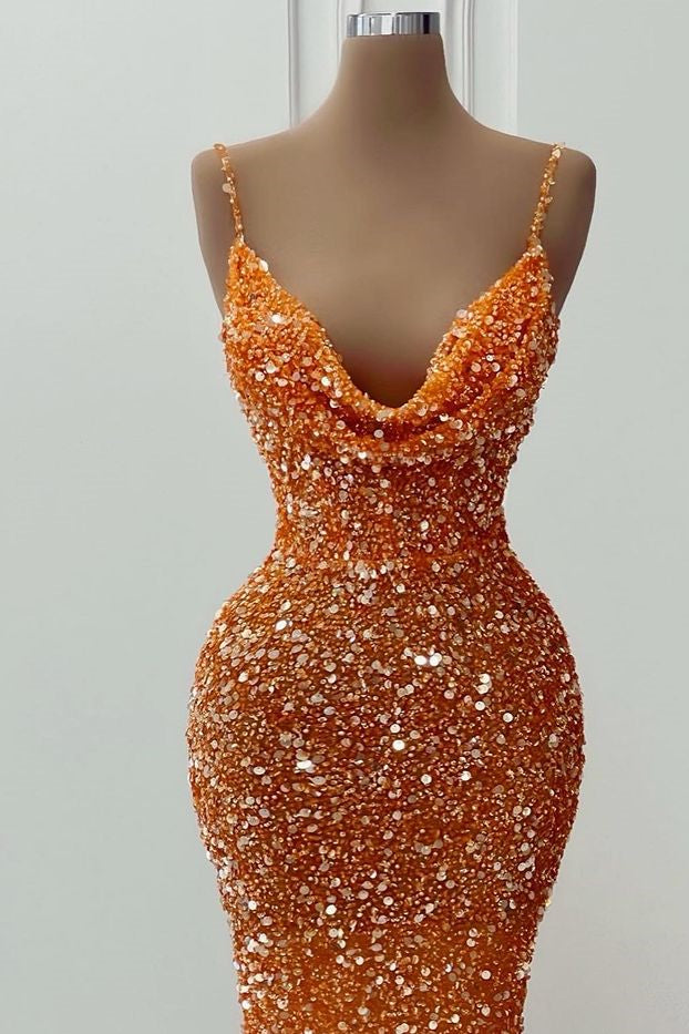 Stunning Orange Spaghetti-Straps Prom Dress Mermaid Sequins Sleeveless-Ballbella