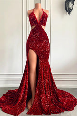 Ballbella Red Sequins Prom Dress High Slit Halter-Ballbella