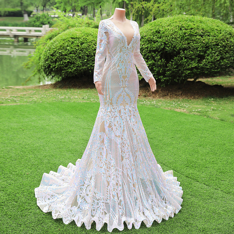 Gorgeous Long Sleeves V-Neck Prom Dress Mermaid Long With Sequins-Ballbella