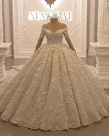 Ball Gown Long Sleeves Wedding Dresses With Appliques Flowers Beadings-Ballbella