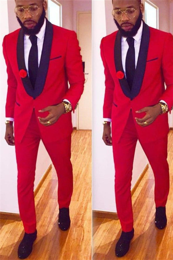 2 Pieces Red Men Suits with One Button Latest Coat Pant Design Shawl Collar Prom Tuxedo-Ballbella