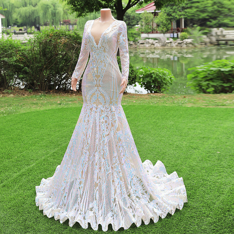 Gorgeous Long Sleeves V-Neck Prom Dress Mermaid Long With Sequins-Ballbella