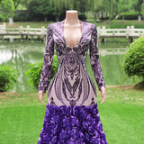 Gorgeous Purple Long Sleeves V-Neck Prom Dress Sequins With Flowers-Ballbella