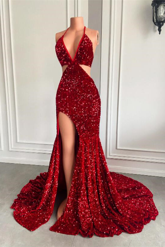 Ballbella Red Sequins Prom Dress High Slit Halter-Ballbella