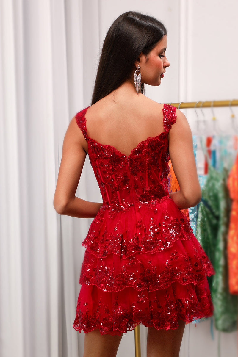 Red Sparkly Corset Tiered Lace A-Line Homecoming Dress