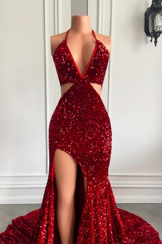 Ballbella Red Sequins Prom Dress High Slit Halter-Ballbella