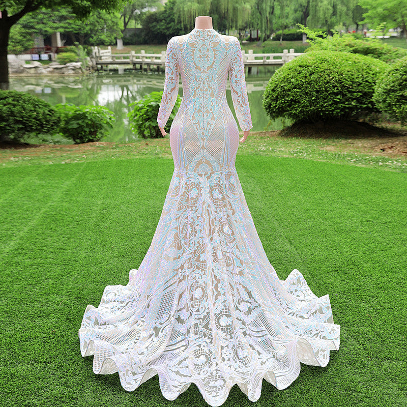 Gorgeous Long Sleeves V-Neck Prom Dress Mermaid Long With Sequins-Ballbella