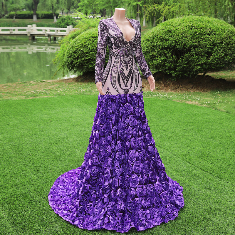 Gorgeous Purple Long Sleeves V-Neck Prom Dress Sequins With Flowers-Ballbella