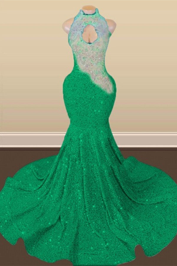 Gorgeous Emerald Sequins Prom Dress Mermaid Sleeveless With Appliques-Ballbella