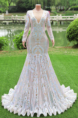 Gorgeous Long Sleeves V-Neck Prom Dress Mermaid Long With Sequins-Ballbella