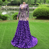 Gorgeous Purple Long Sleeves V-Neck Prom Dress Sequins With Flowers-Ballbella