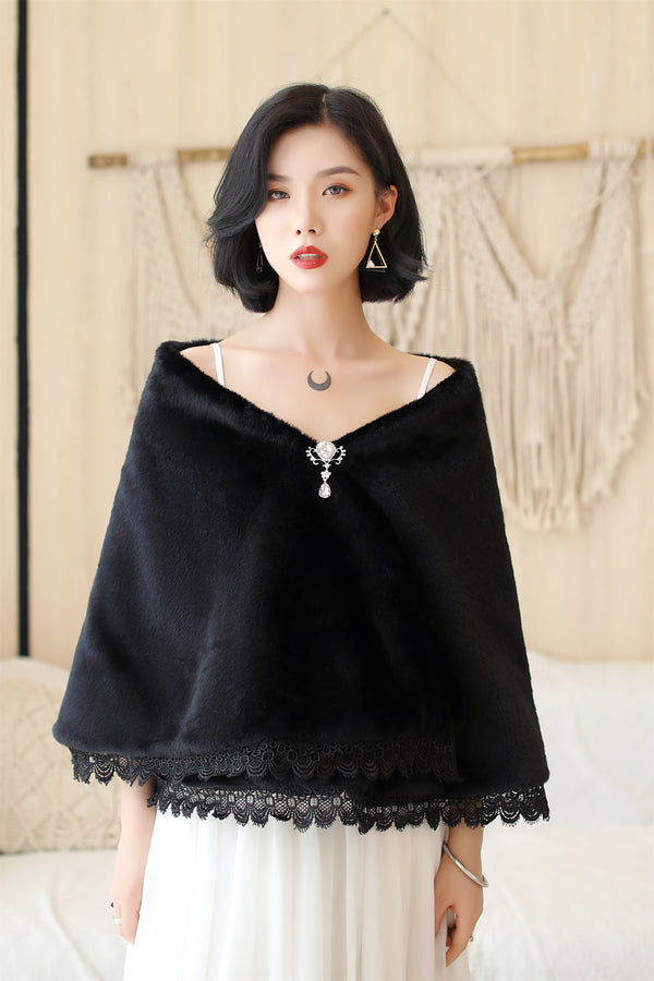 Black Lace-Trimmed Wedding Gown Shawl-Ballbella