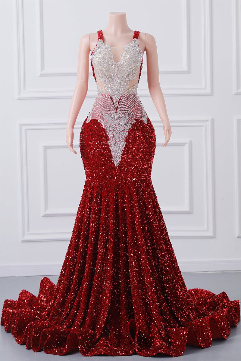 Burgundy Sequin Mermaid Silver Beaded Court Trian Prom Dresses-Ballbella