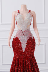 Burgundy Sequin Mermaid Silver Beaded Court Trian Prom Dresses-Ballbella