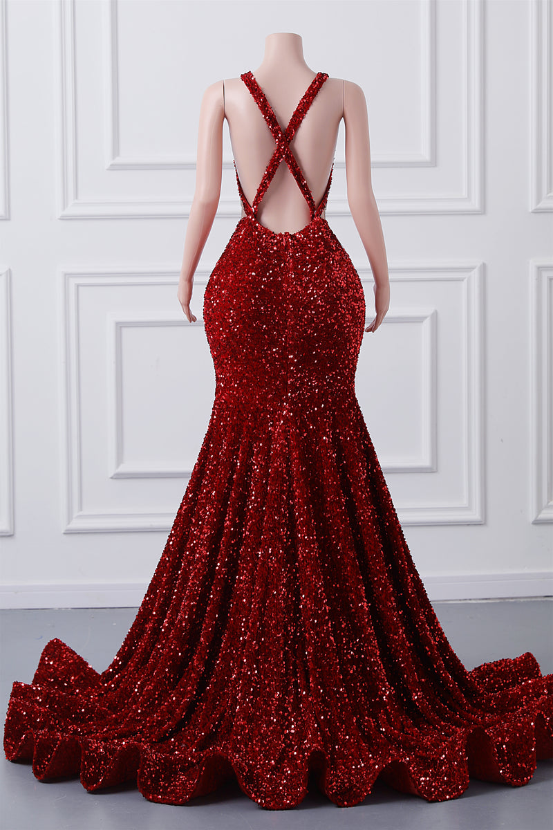 Burgundy Sequin Mermaid Silver Beaded Court Trian Prom Dresses-Ballbella