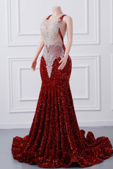 Burgundy Sequin Mermaid Silver Beaded Court Trian Prom Dresses-Ballbella